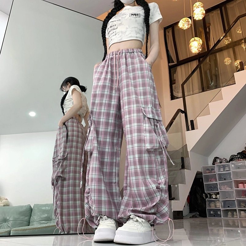 水中花 格子图案大口袋抽绳设计感束脚褶皱透气舒适休闲裤 女款