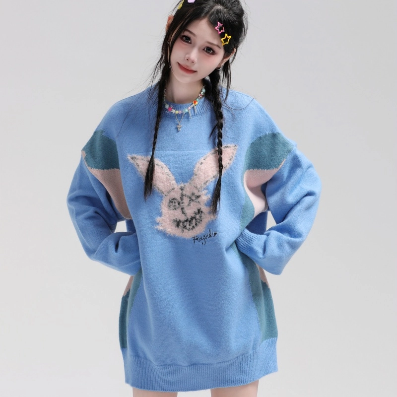 水中花 复古兔子刺绣圆领针织打底衫长袖毛衣 女款