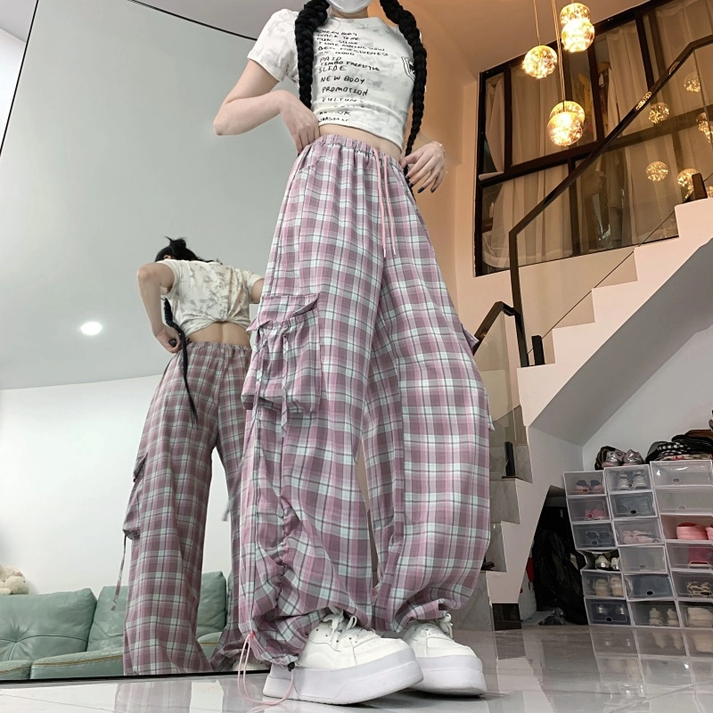 水中花 格子图案大口袋抽绳设计感束脚褶皱透气舒适休闲裤 女款