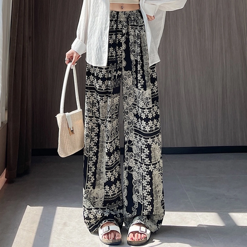 水中花 复古时尚潮流舒适高腰显瘦垂感阔腿印花百搭休闲裤 女款