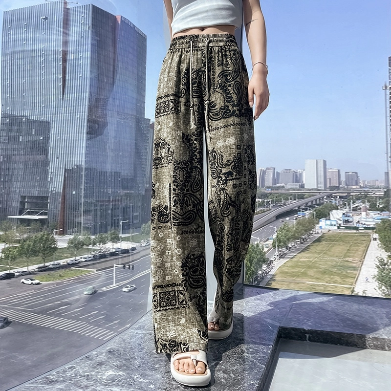 水中花 复古印花阔腿显瘦亚麻透气直筒长裤免烫处理百搭高级感休闲裤 女款