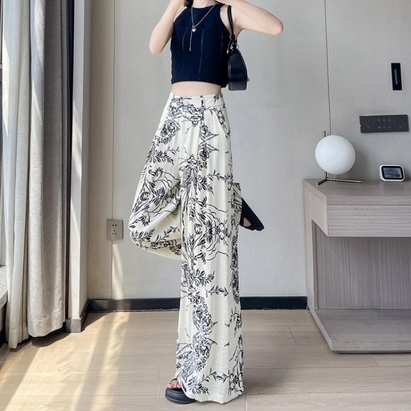 水中花 复古时尚慵懒风碎花高腰阔腿宽松显瘦垂感百搭休闲裤 女款