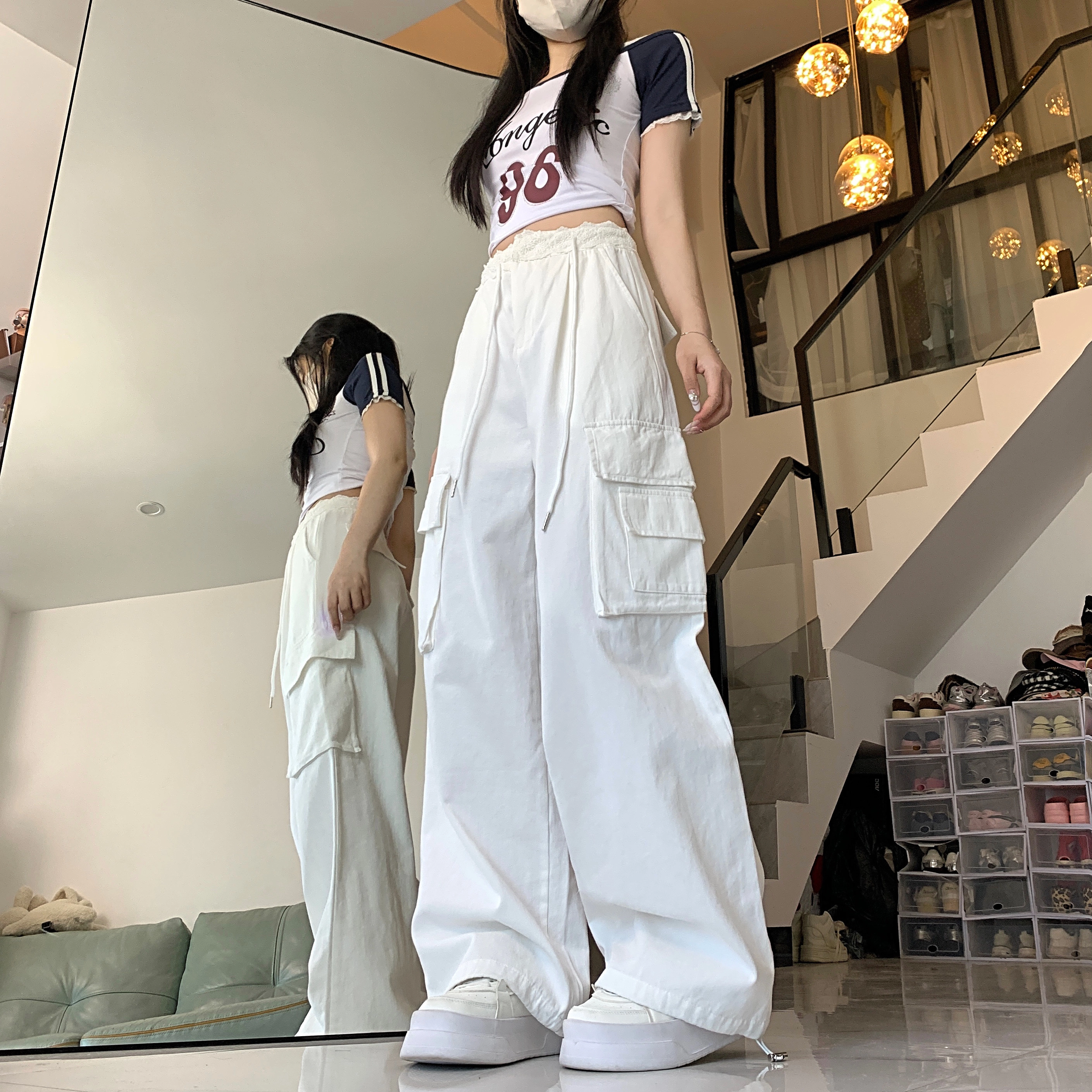 水中花 法式时尚高腰显瘦蕾丝拼接宽松阔腿口袋设计休闲裤 女款