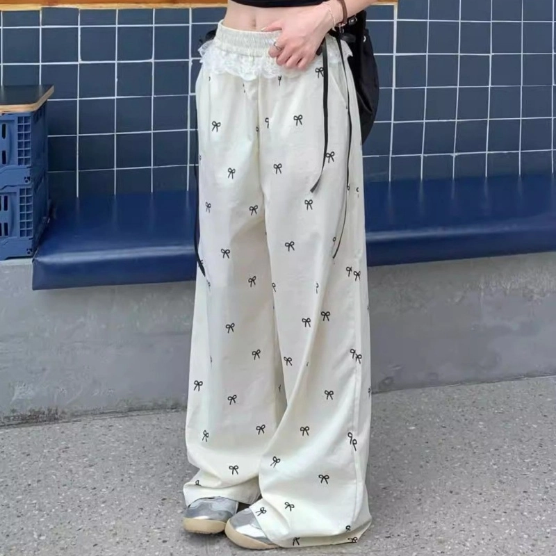 水中花 韩版蕾丝边拼接蝴蝶结阔腿高腰宽松透气垂感休闲裤 女款