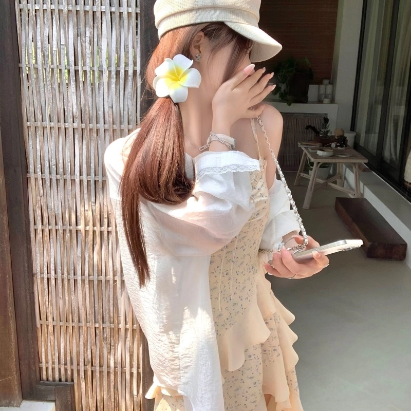 水中花 法式少女不规则拼接设计感荷叶边碎花长裙吊带连衣裙 女款