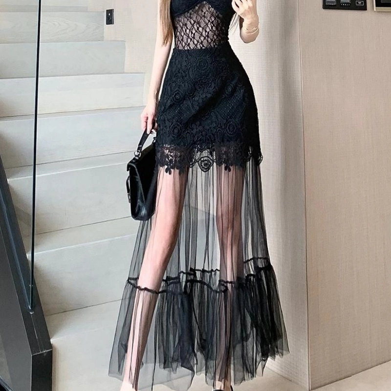 水中花 高腰显瘦拼接包臀修身垂感设计时尚小众别致高级百搭休闲长裙 女款