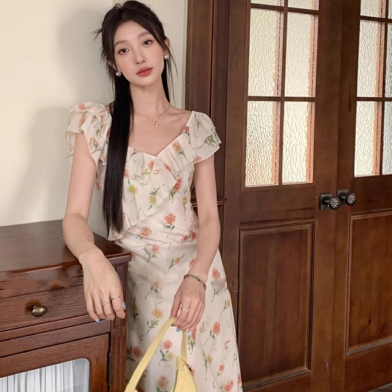 水中花 碎花高腰显瘦法式短袖连衣裙 女款