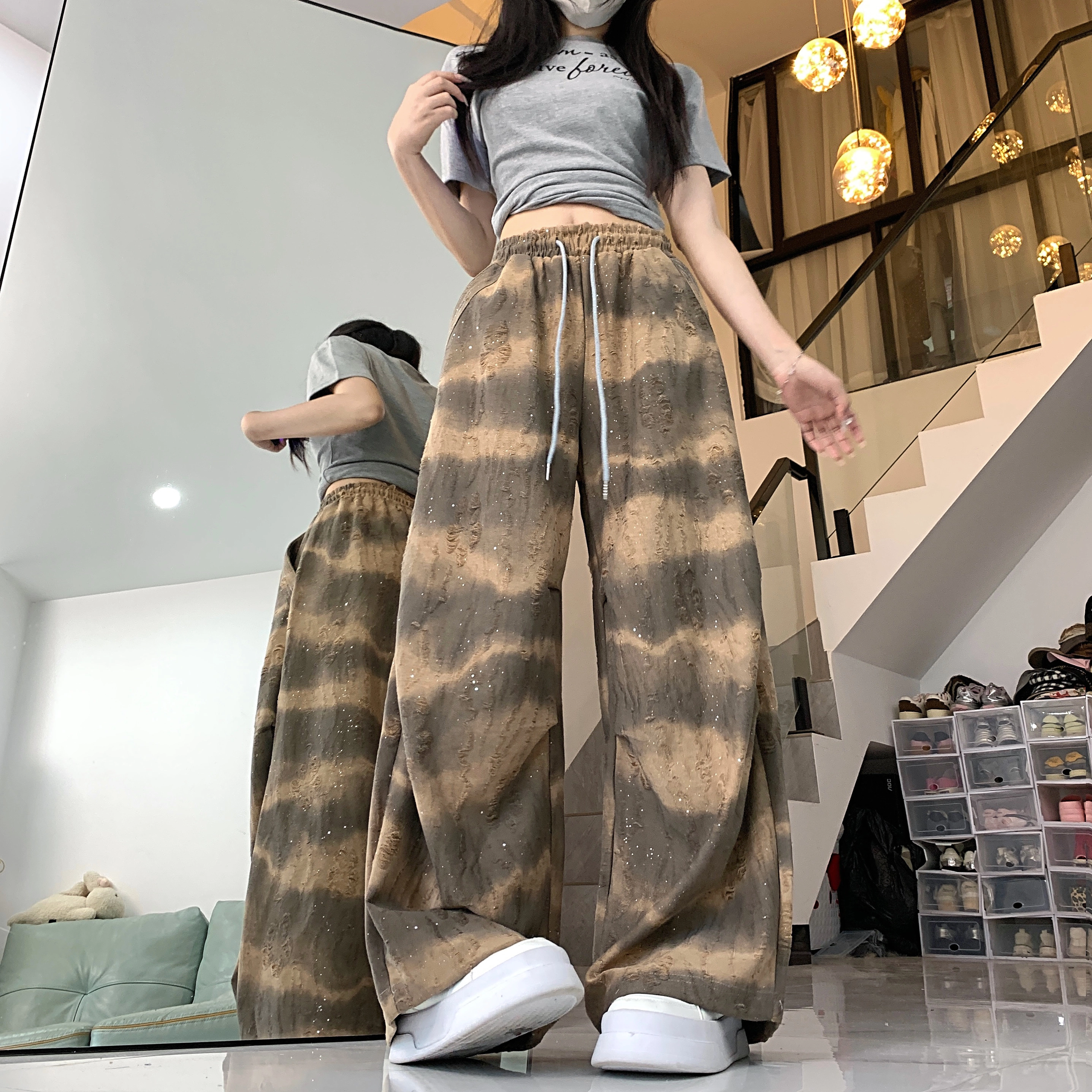 水中花 渐变扎染宽松阔腿松紧腰透气舒适口袋设计感休闲裤 女款