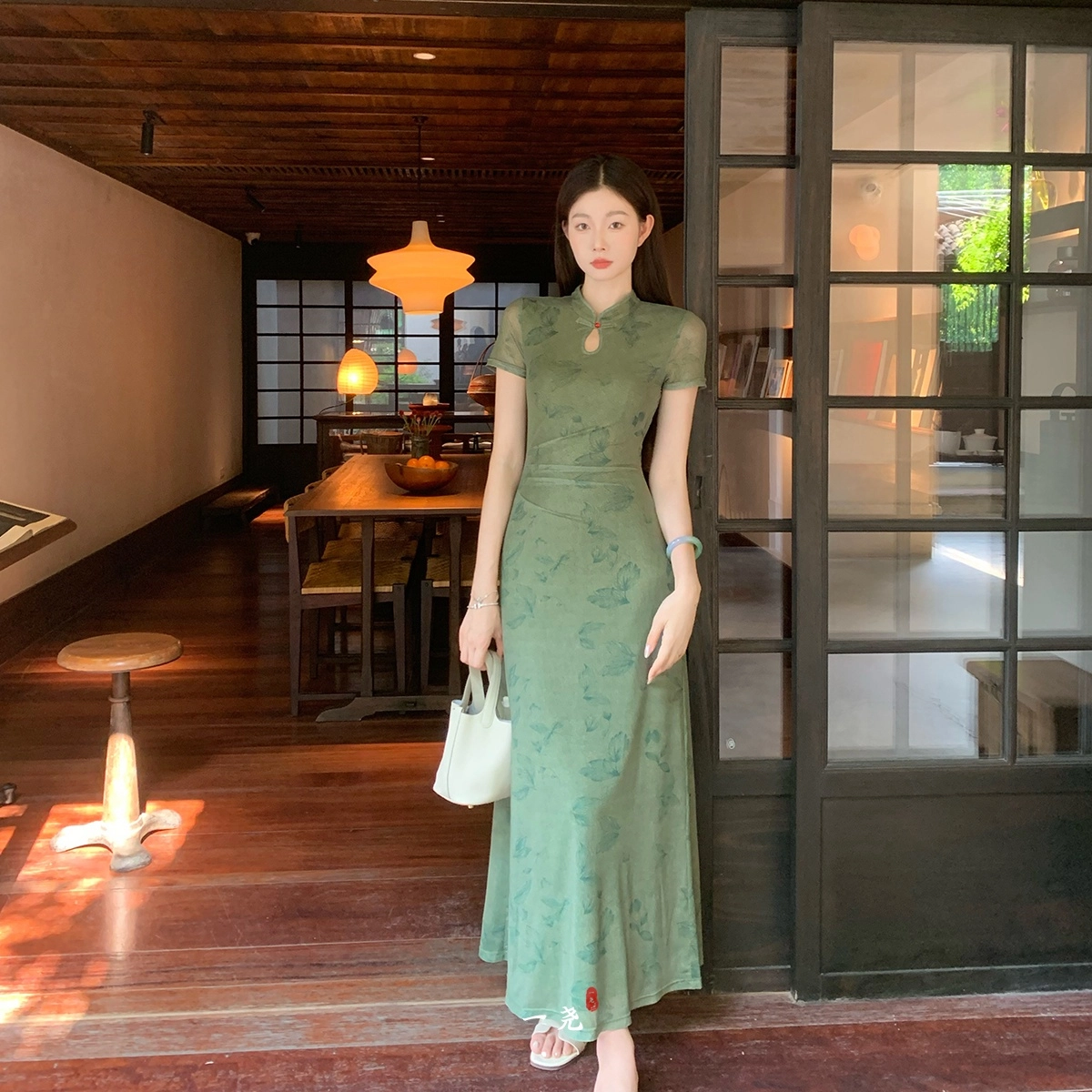 水中花 新中式国风碎花改良旗袍收腰显瘦小个子复古优雅短袖连衣裙 女款