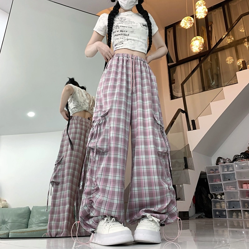水中花 格子图案大口袋抽绳设计感束脚褶皱透气舒适休闲裤 女款