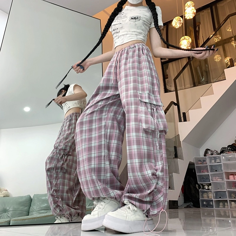 水中花 格子图案大口袋抽绳设计感束脚褶皱透气舒适休闲裤 女款