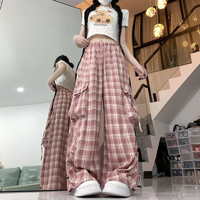 水中花 格子图案大口袋抽绳设计感束脚褶皱透气舒适休闲裤 女款