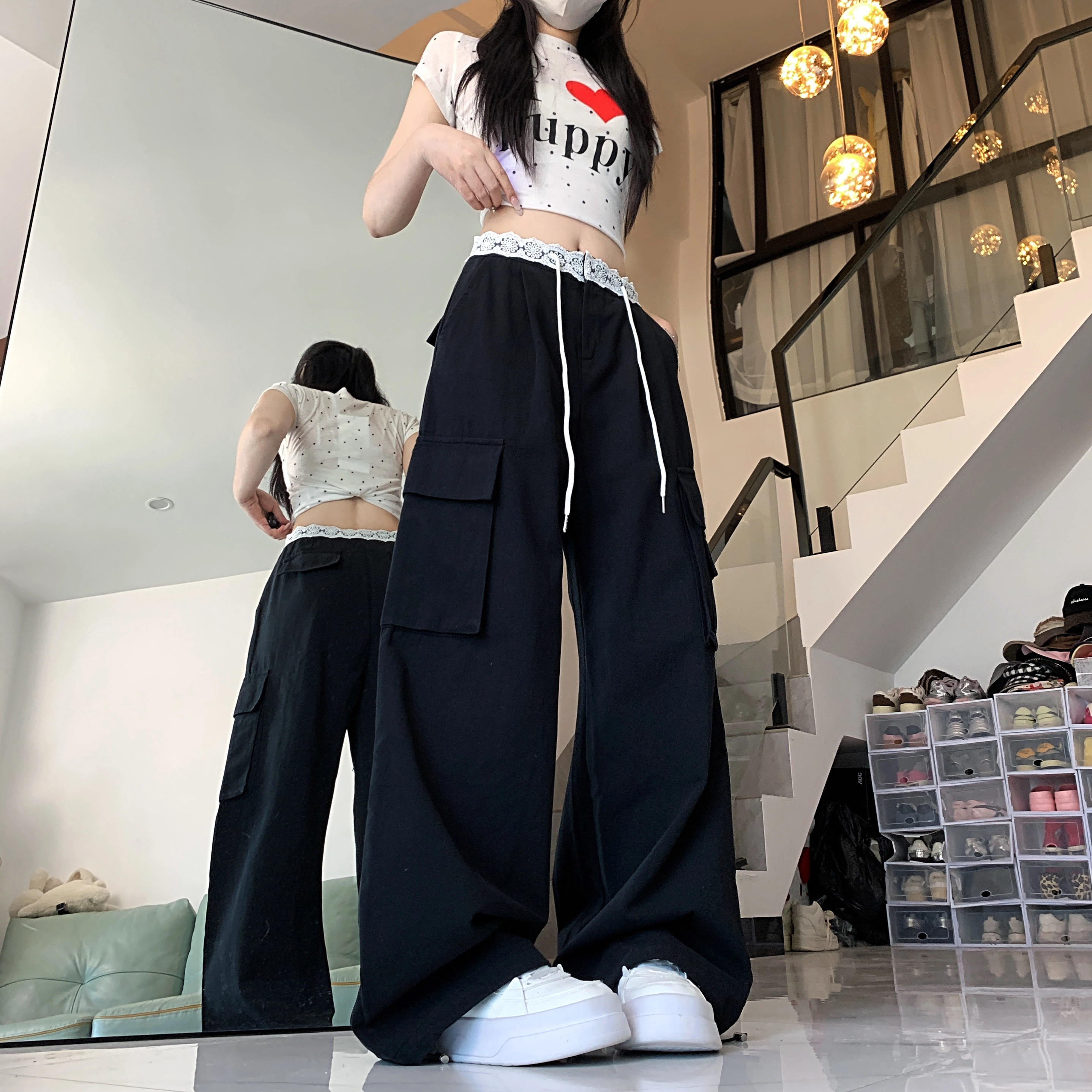水中花 法式时尚高腰显瘦蕾丝拼接宽松阔腿口袋设计休闲裤 女款