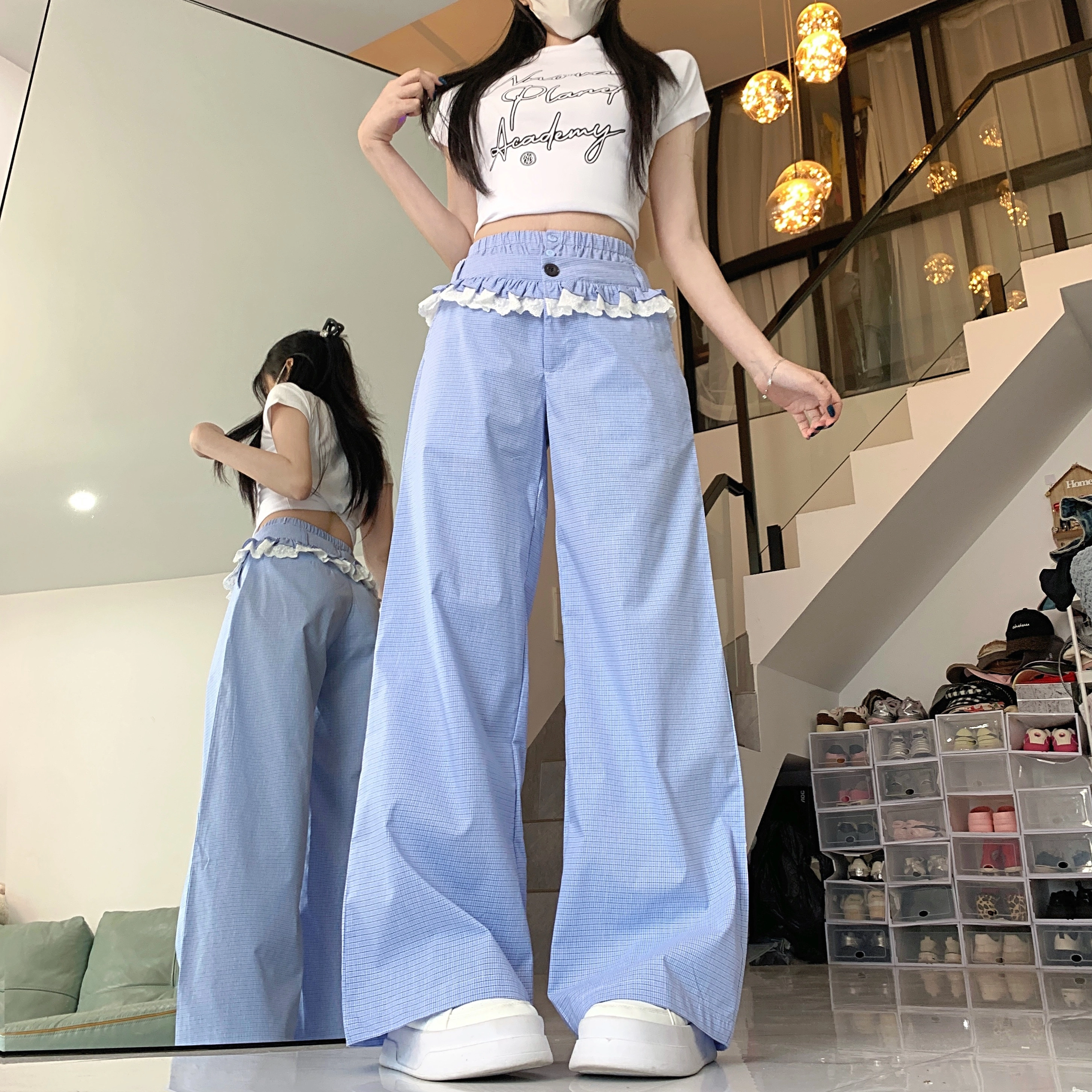 水中花 韩版时尚高腰阔腿蕾丝花边格纹宽松透气休闲裤 女款