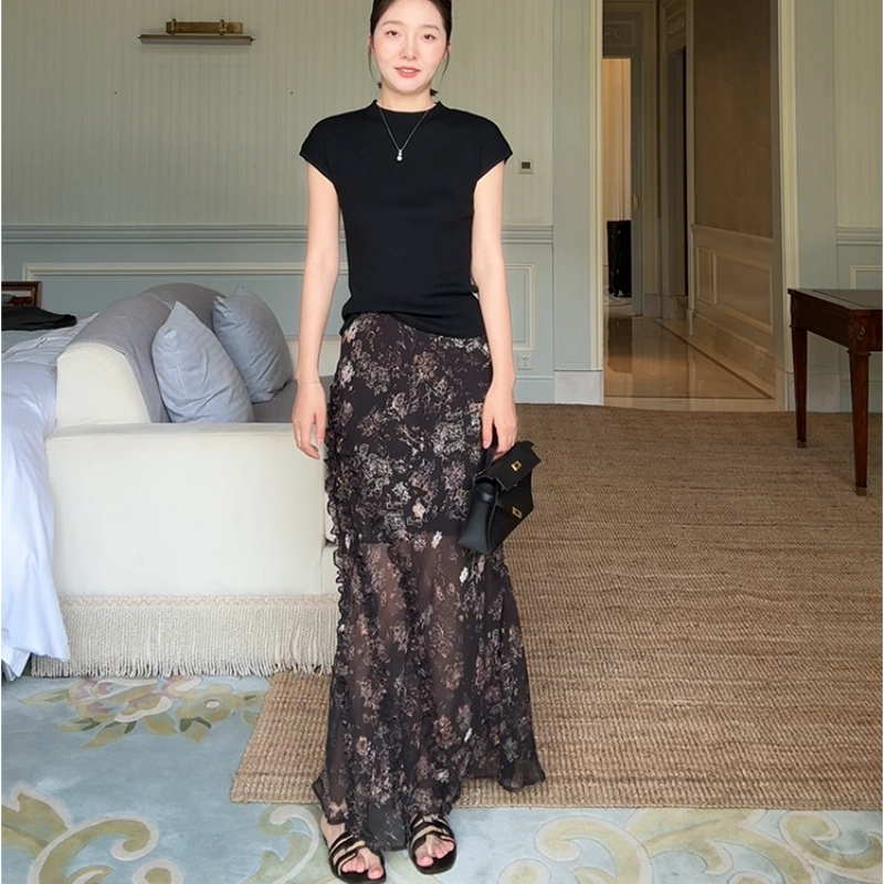 水中花 韩版鱼尾裙摆印花设计高腰修身垂感优雅休闲长裙 女款