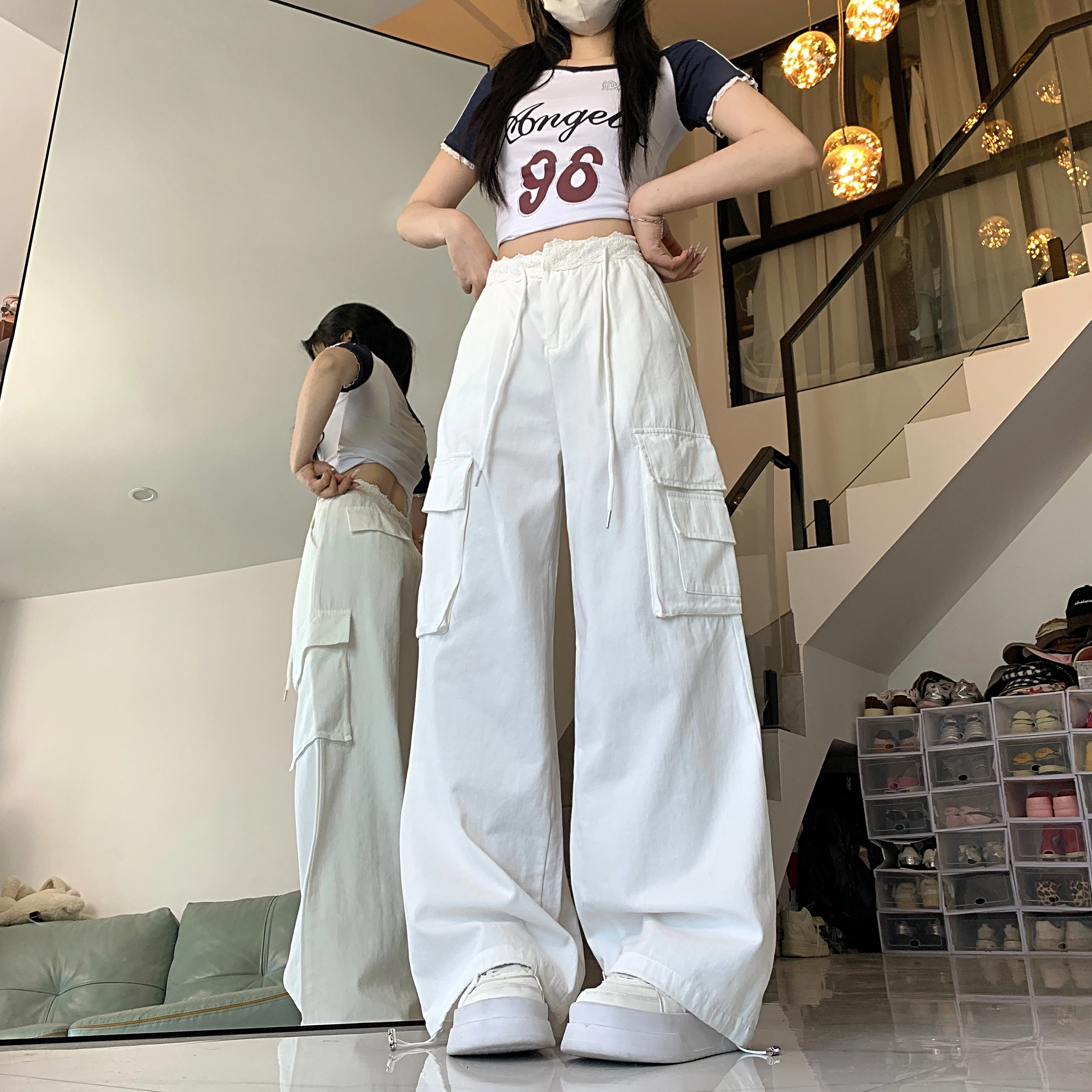 水中花 法式时尚高腰显瘦蕾丝拼接宽松阔腿口袋设计休闲裤 女款