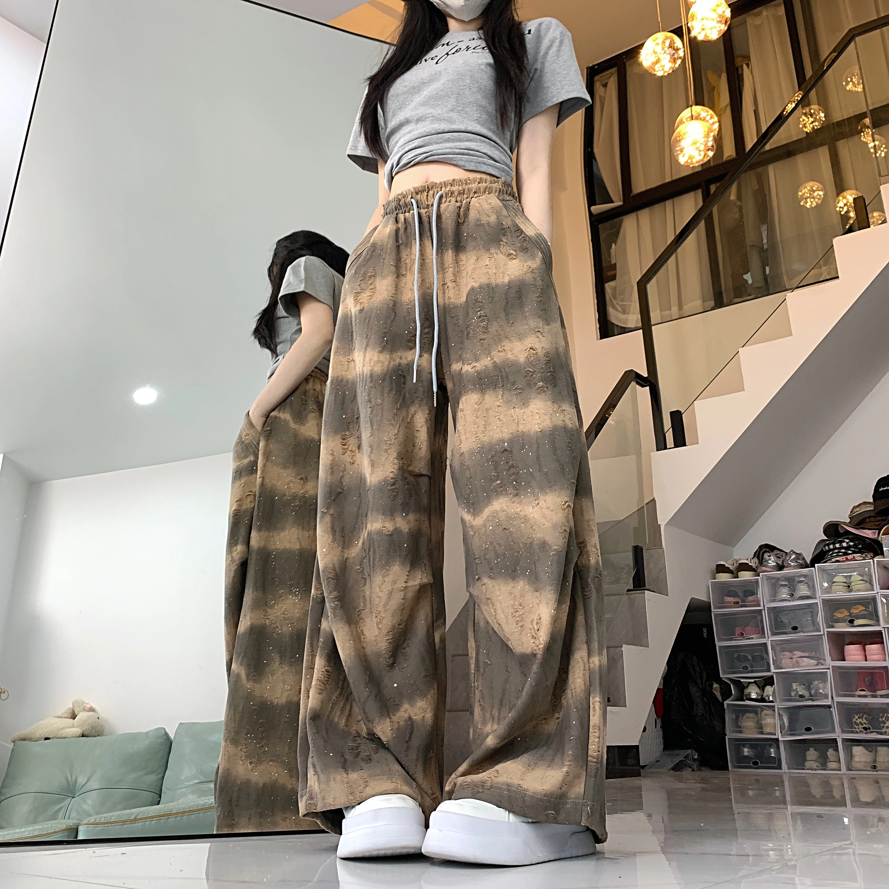 水中花 渐变扎染宽松阔腿松紧腰透气舒适口袋设计感休闲裤 女款