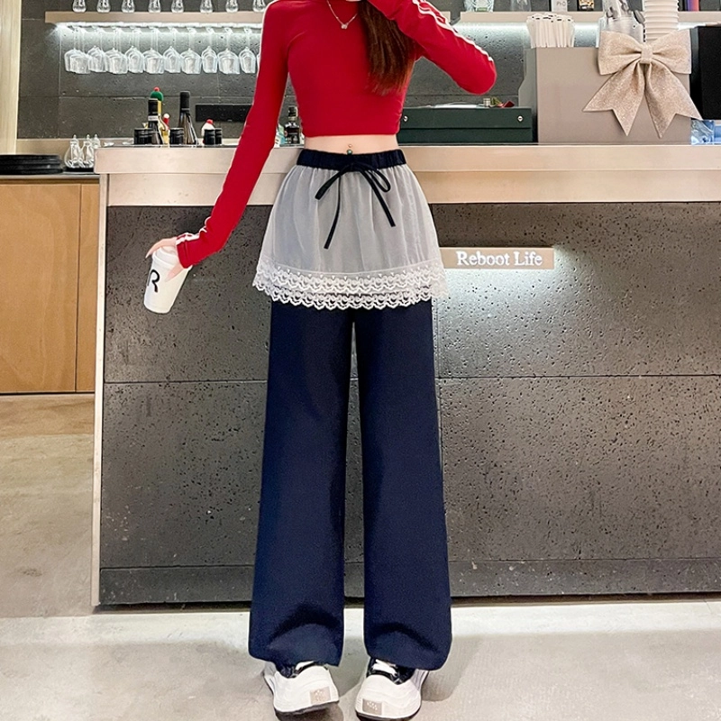 水中花 高腰显瘦蕾丝拼接阔腿垂感宽松时尚百搭长裤休闲裤 女款