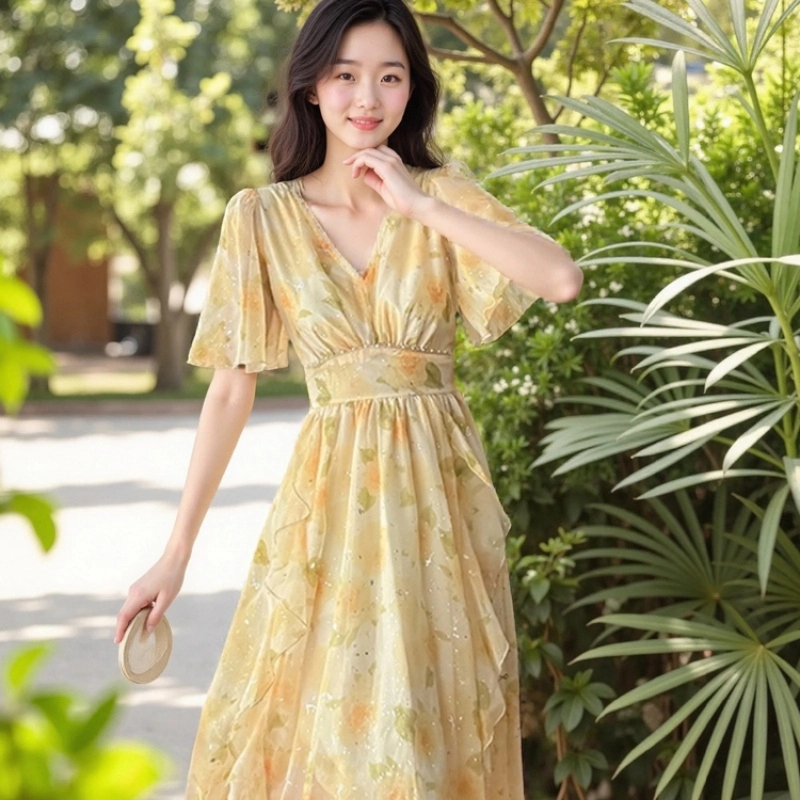 水中花 高级感收腰显瘦高贵气质晚宴长裙法式名媛碎花短袖连衣裙 女款