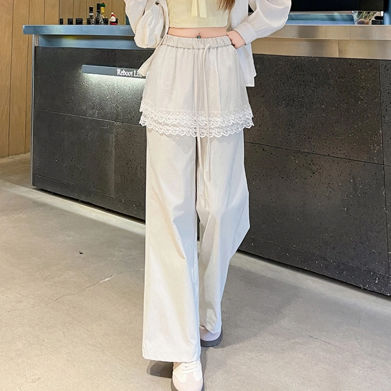 水中花 高腰显瘦蕾丝拼接阔腿垂感宽松时尚百搭长裤休闲裤 女款