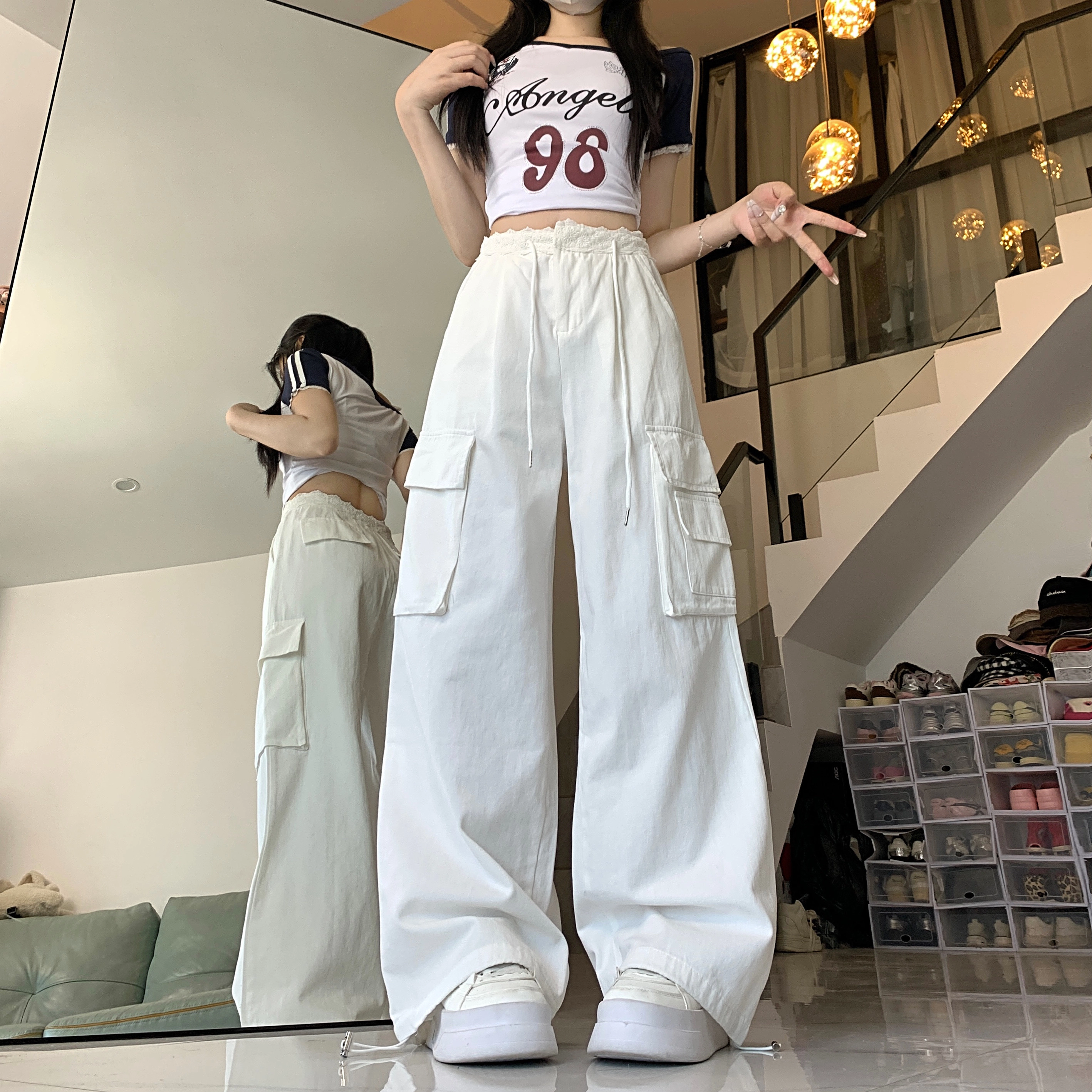 水中花 法式时尚高腰显瘦蕾丝拼接宽松阔腿口袋设计休闲裤 女款