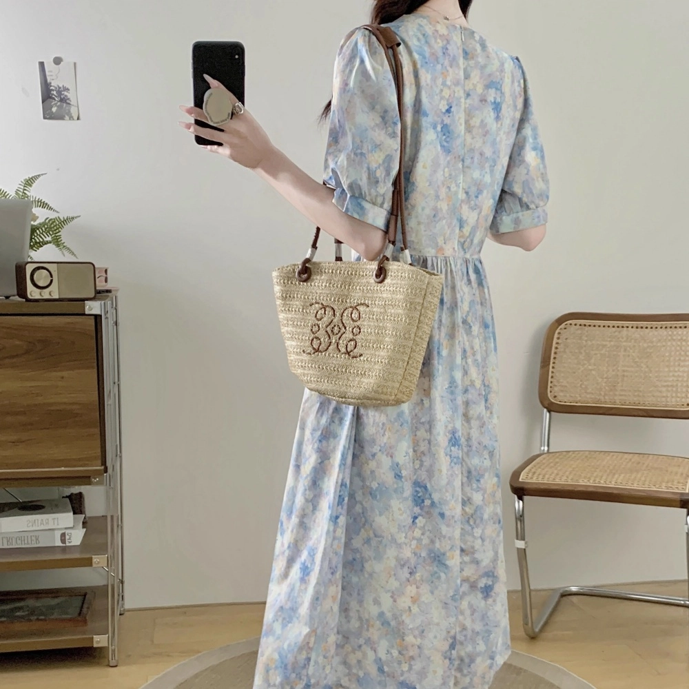 水中花 大码韩系高级感碎花油画风裙子短袖连衣裙 女款