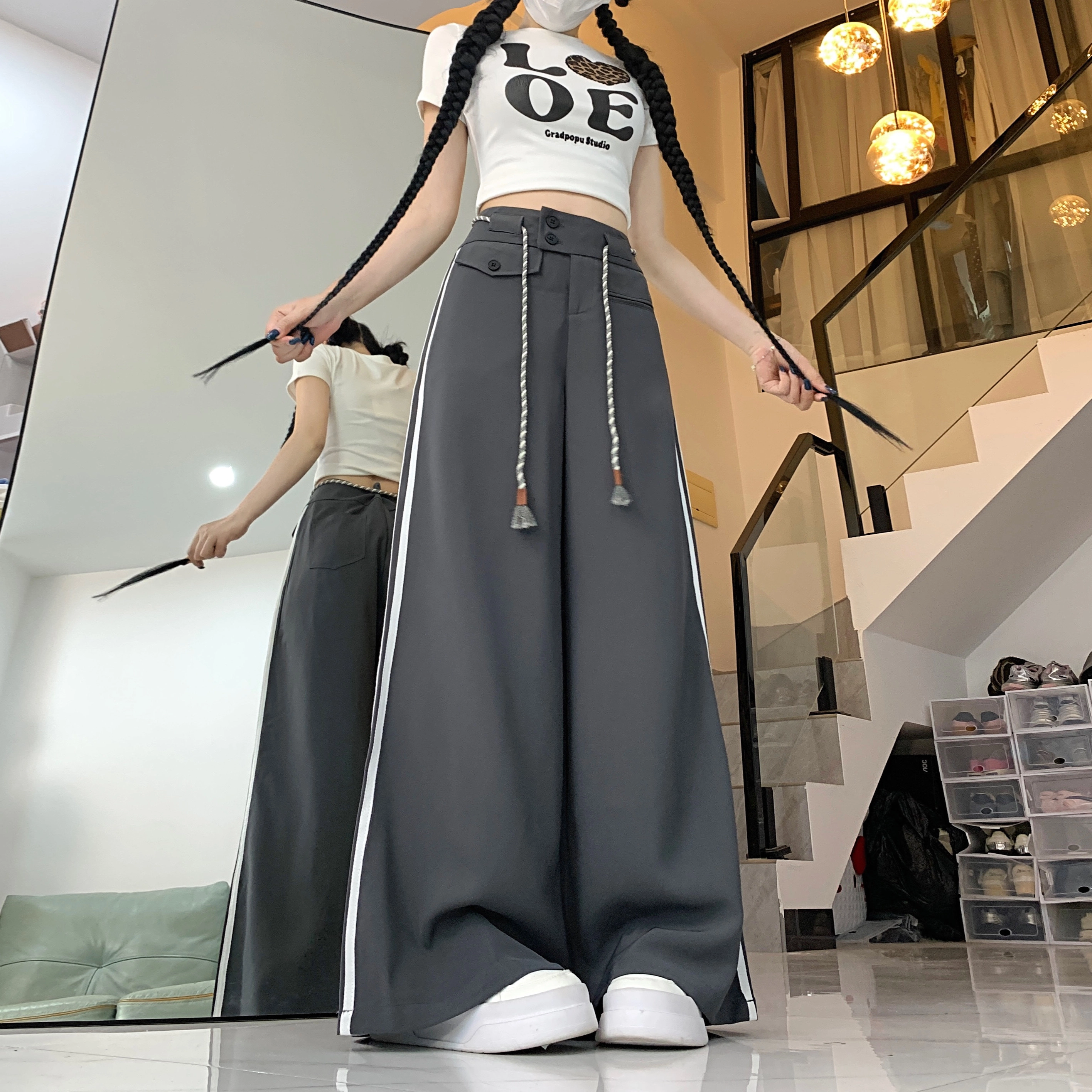 水中花 时尚百搭高腰显瘦垂感条纹绑带设计宽松直筒舒适休闲裤 女款