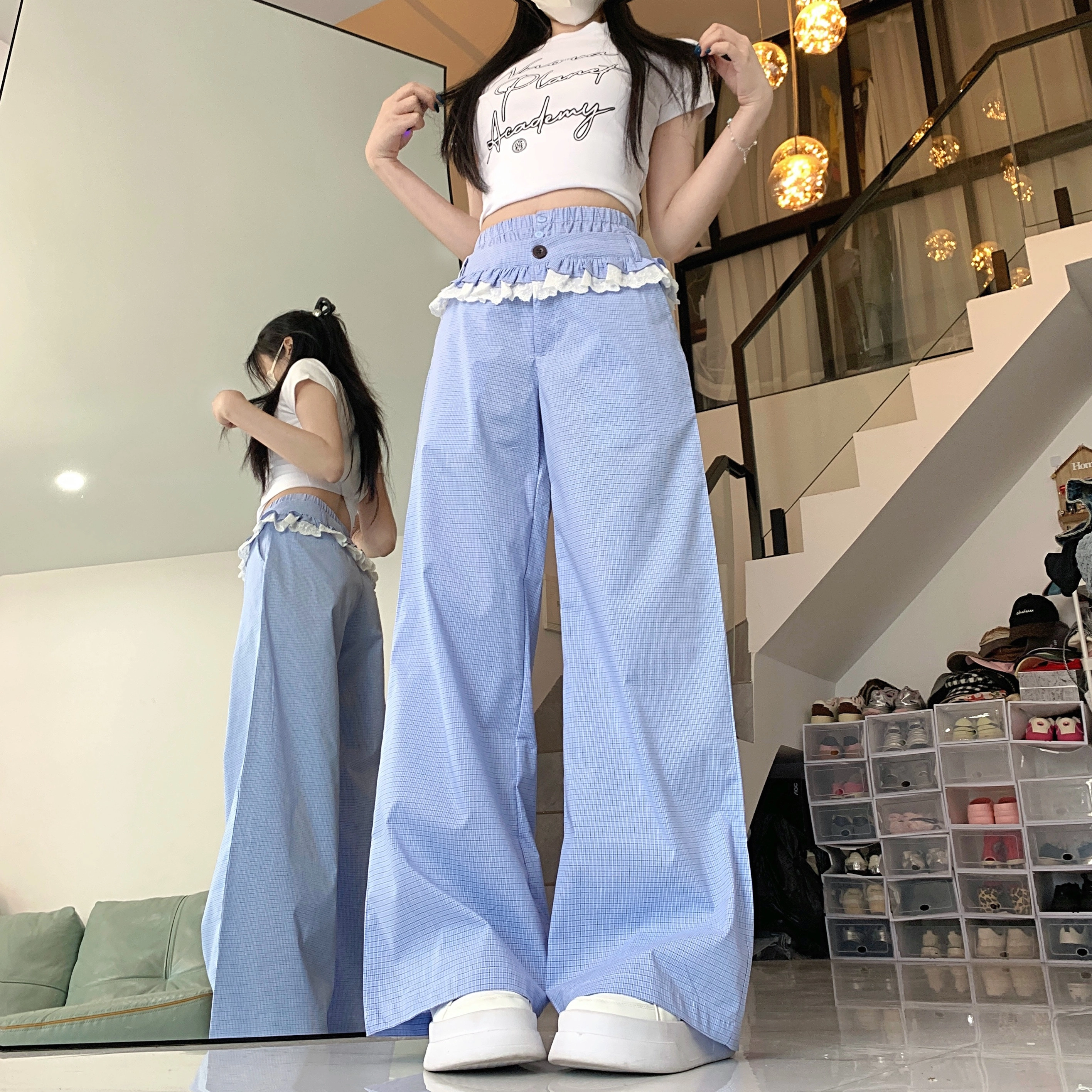 水中花 韩版时尚高腰阔腿蕾丝花边格纹宽松透气休闲裤 女款