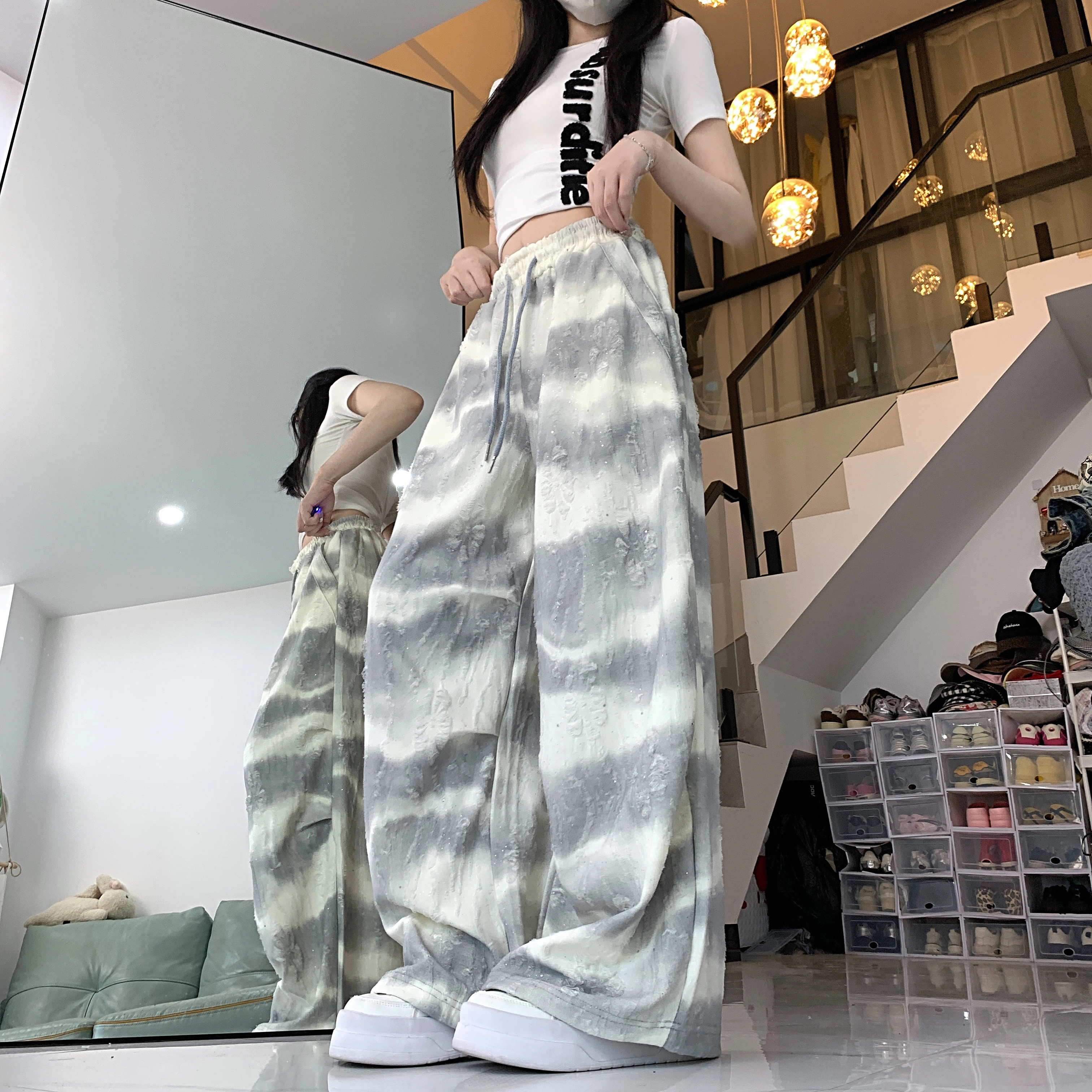 水中花 渐变扎染宽松阔腿松紧腰透气舒适口袋设计感休闲裤 女款
