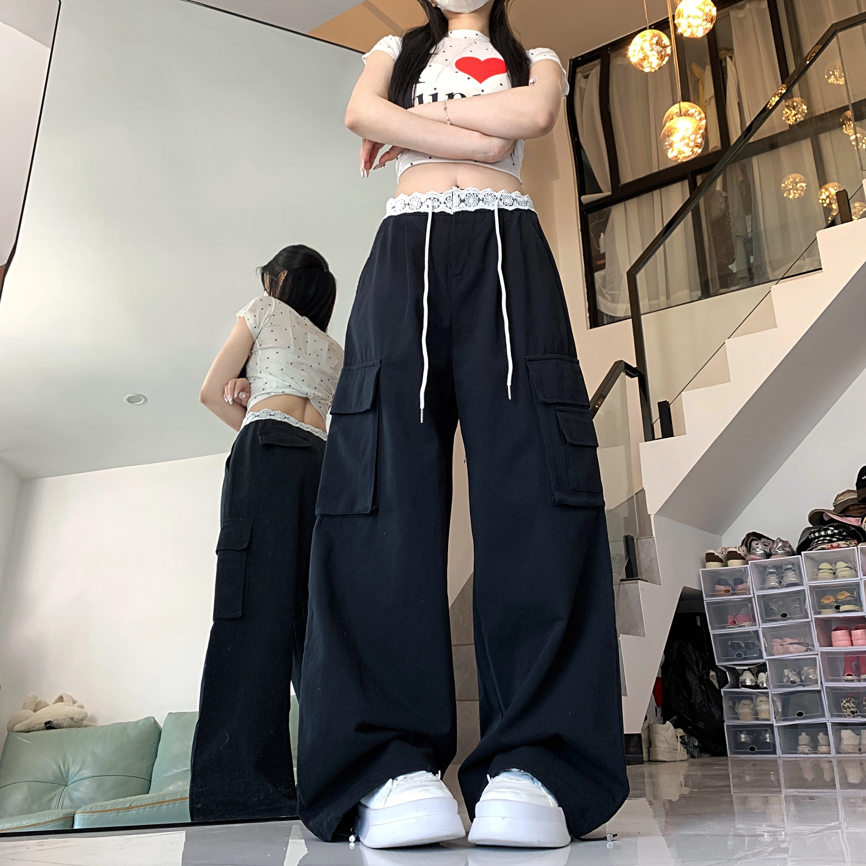 水中花 法式时尚高腰显瘦蕾丝拼接宽松阔腿口袋设计休闲裤 女款