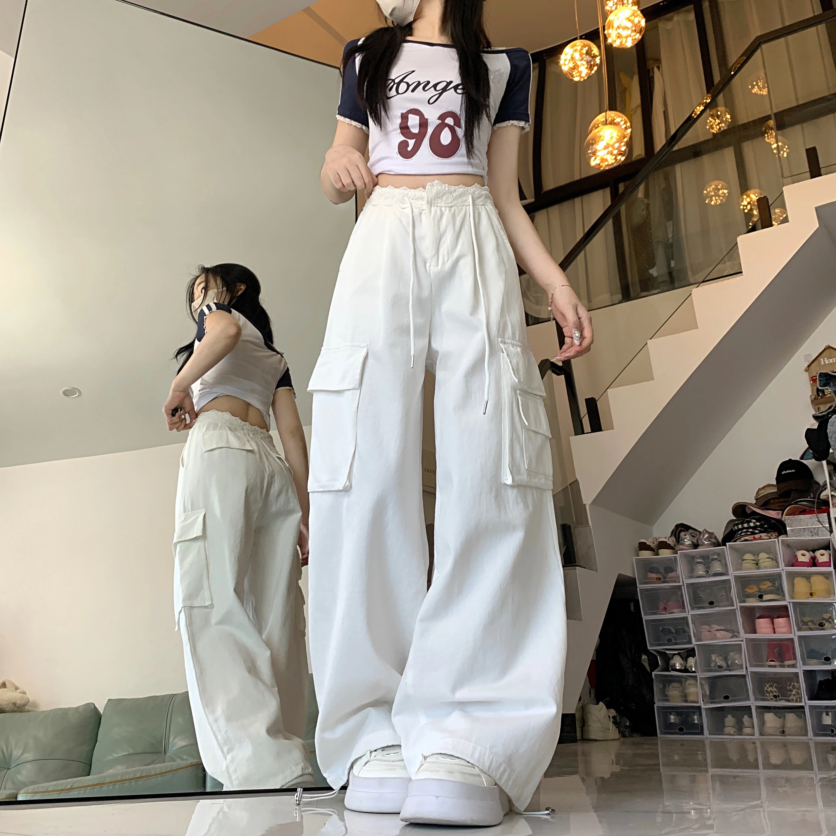 水中花 法式时尚高腰显瘦蕾丝拼接宽松阔腿口袋设计休闲裤 女款