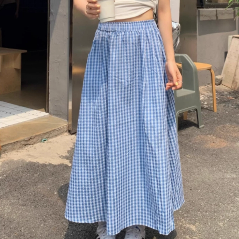 水中花 复古时尚格子高腰设计宽松文艺清新休闲长裙 女款