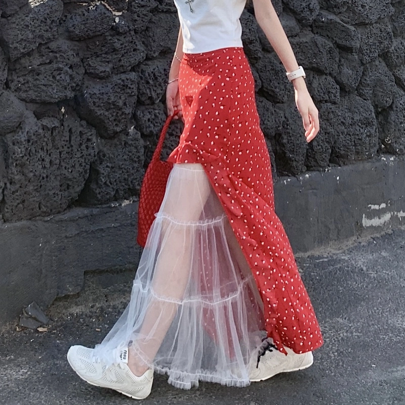水中花 花色圆点拼接修身适中高腰休闲长裙 女款