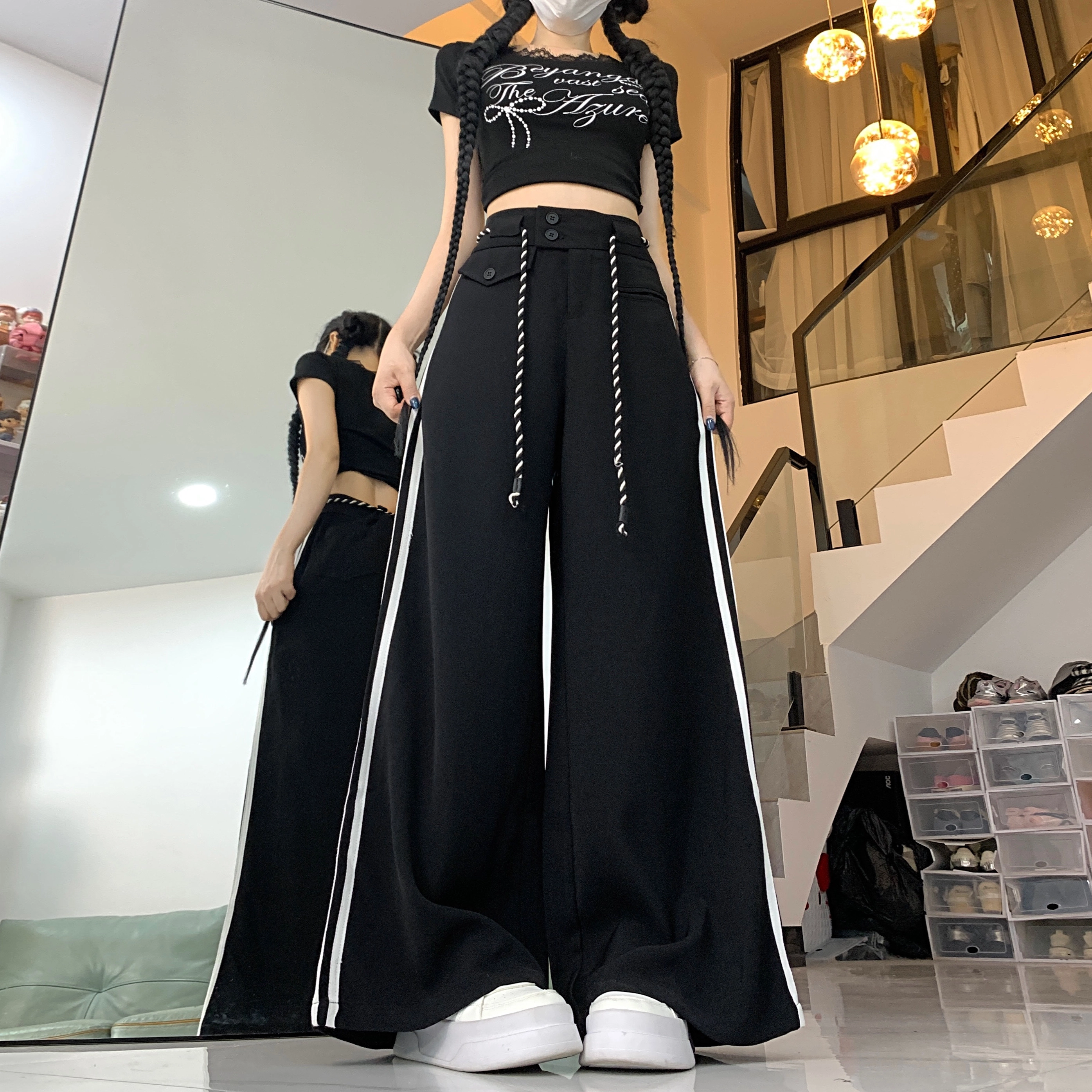 水中花 时尚百搭高腰显瘦垂感条纹绑带设计宽松直筒舒适休闲裤 女款