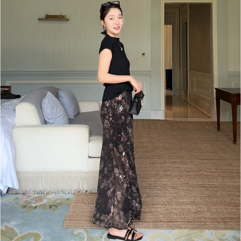 水中花 韩版鱼尾裙摆印花设计高腰修身垂感优雅休闲长裙 女款