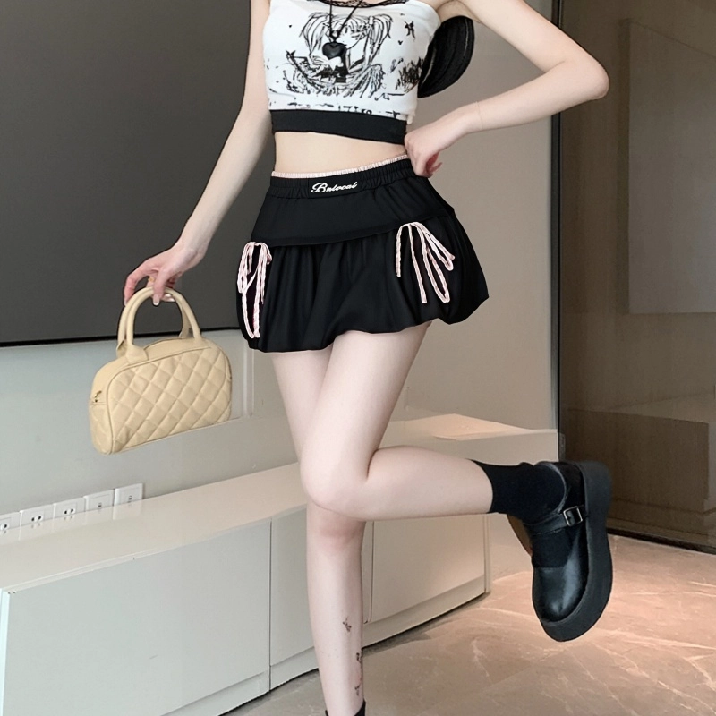 水中花 高腰抽绳短款花苞裙纯色半身裙休闲短裙 女款
