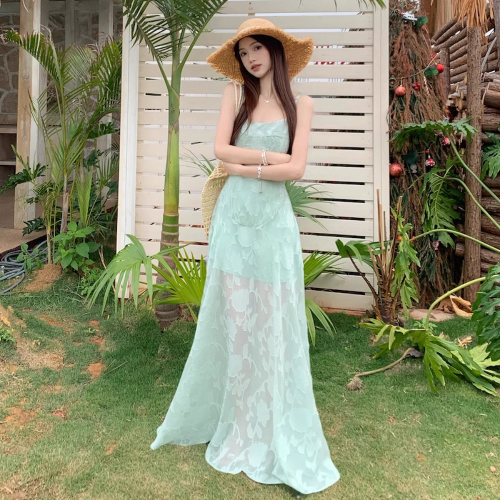 水中花 度假风甜美清纯优雅气质修身拼接收腰显瘦吊带连衣裙 女款