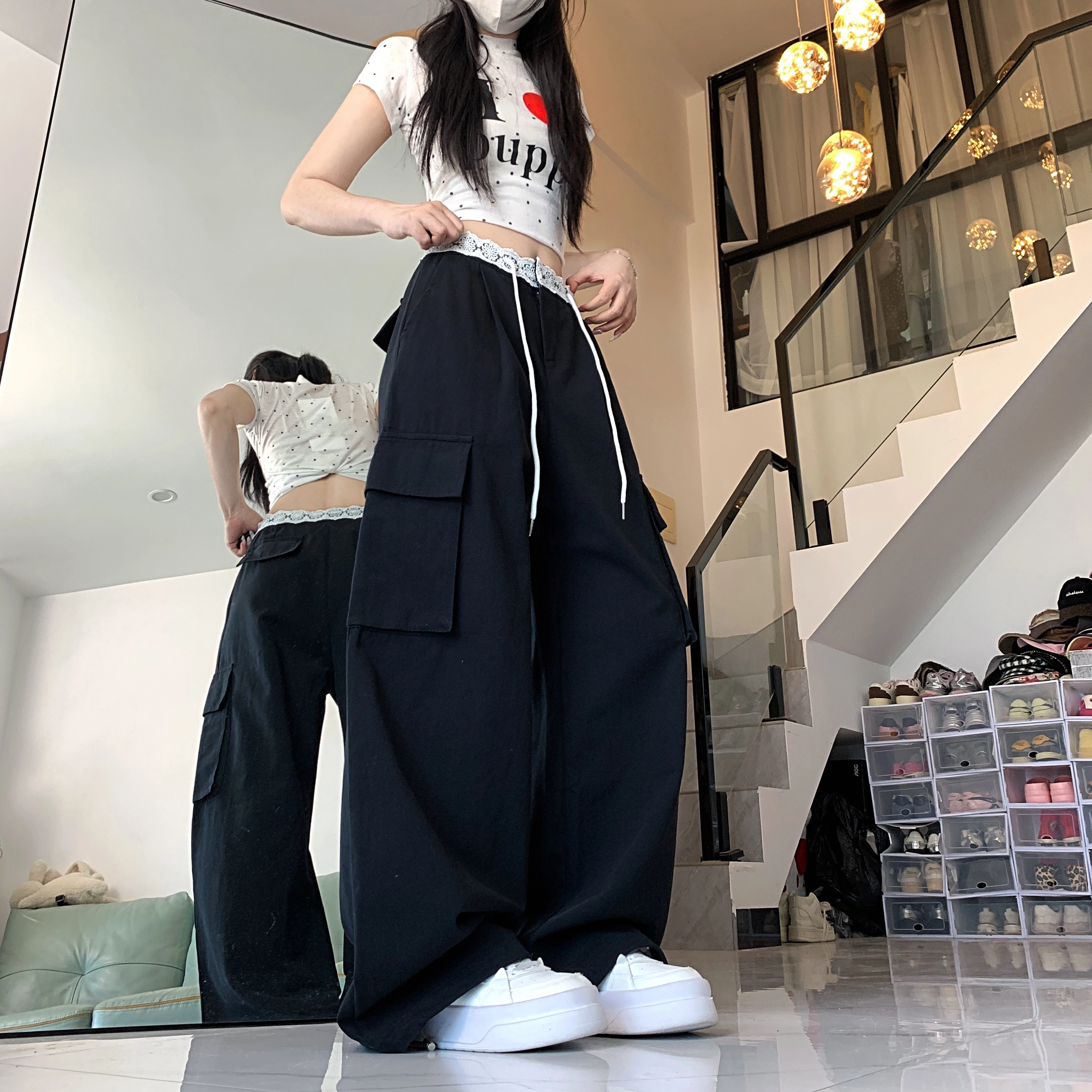 水中花 法式时尚高腰显瘦蕾丝拼接宽松阔腿口袋设计休闲裤 女款