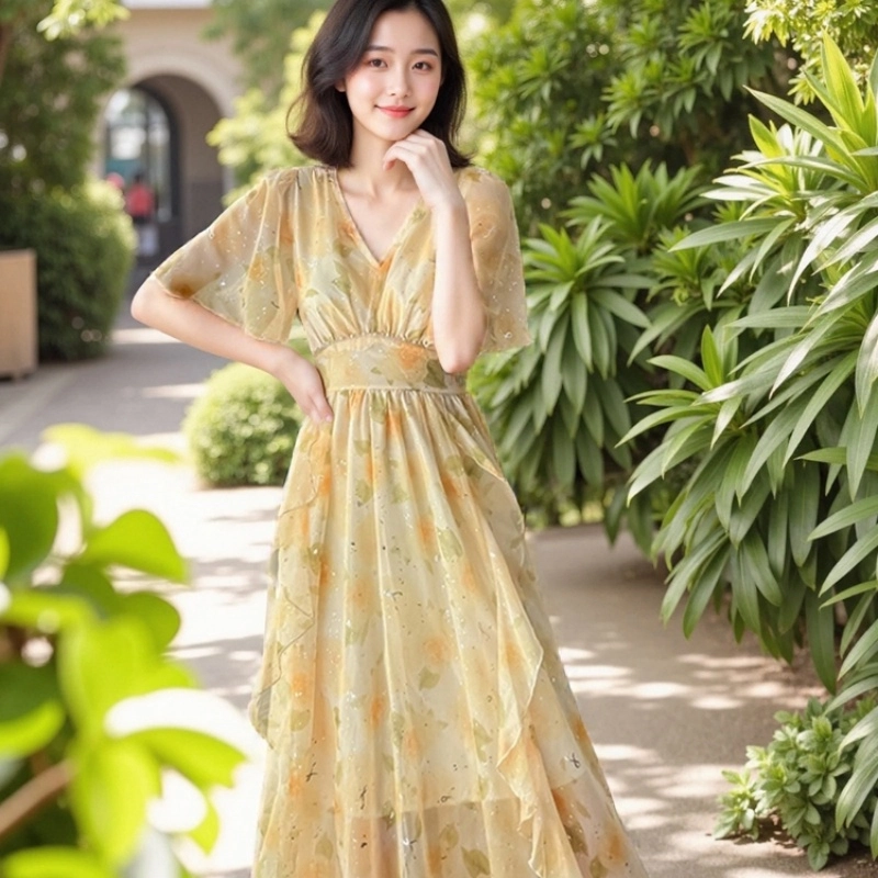 水中花 高级感收腰显瘦高贵气质晚宴长裙法式名媛碎花短袖连衣裙 女款
