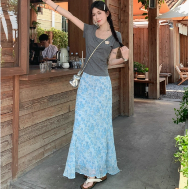 水中花 法式时尚碎花图案鱼尾高腰修身清新百搭休闲长裙 女款