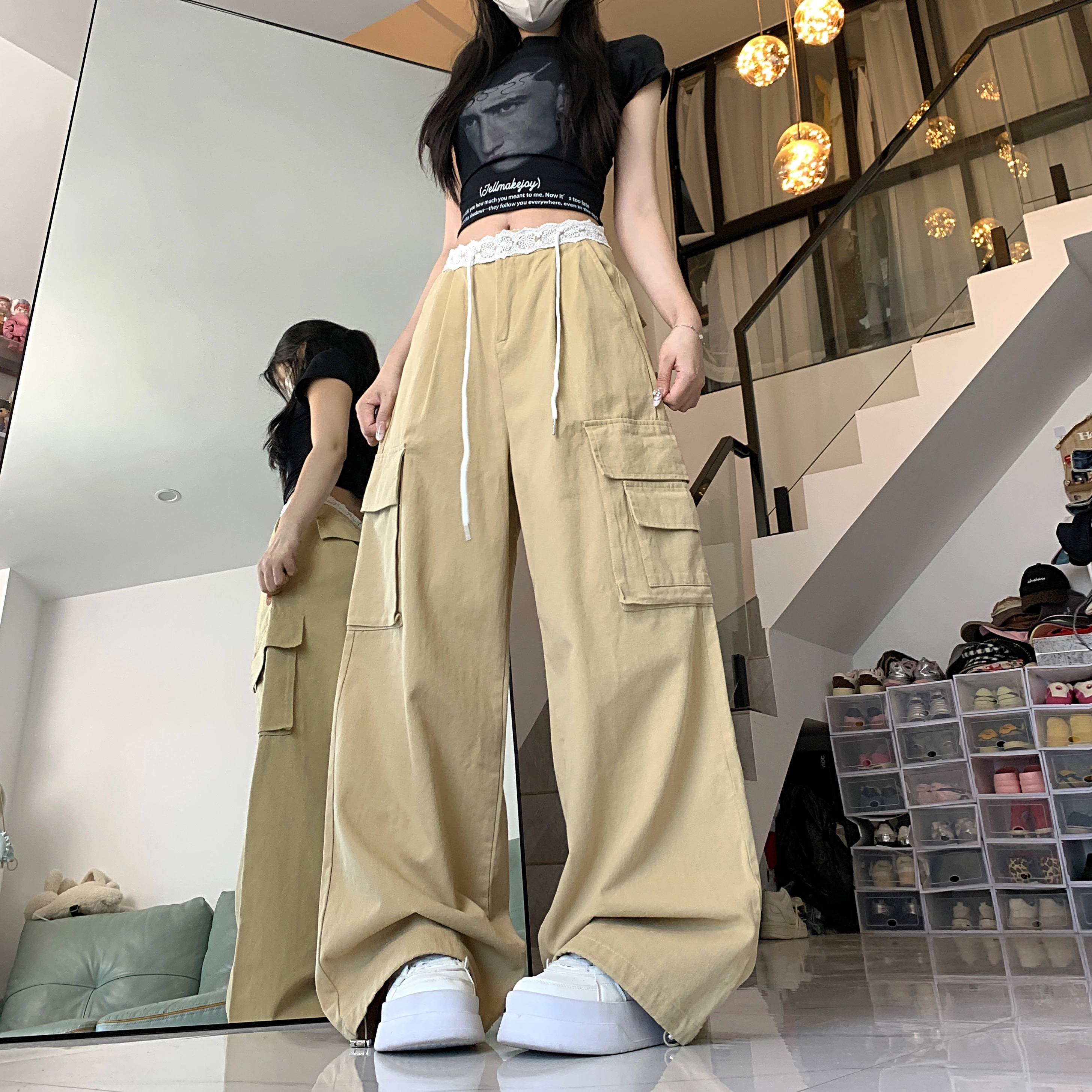 水中花 法式时尚高腰显瘦蕾丝拼接宽松阔腿口袋设计休闲裤 女款