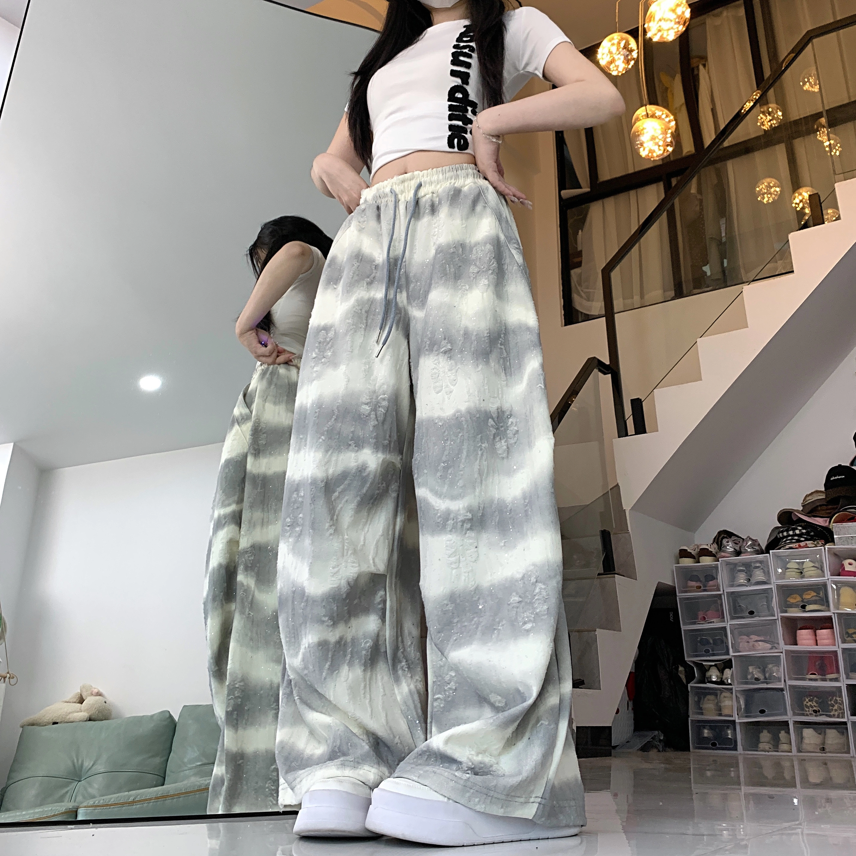 水中花 渐变扎染宽松阔腿松紧腰透气舒适口袋设计感休闲裤 女款