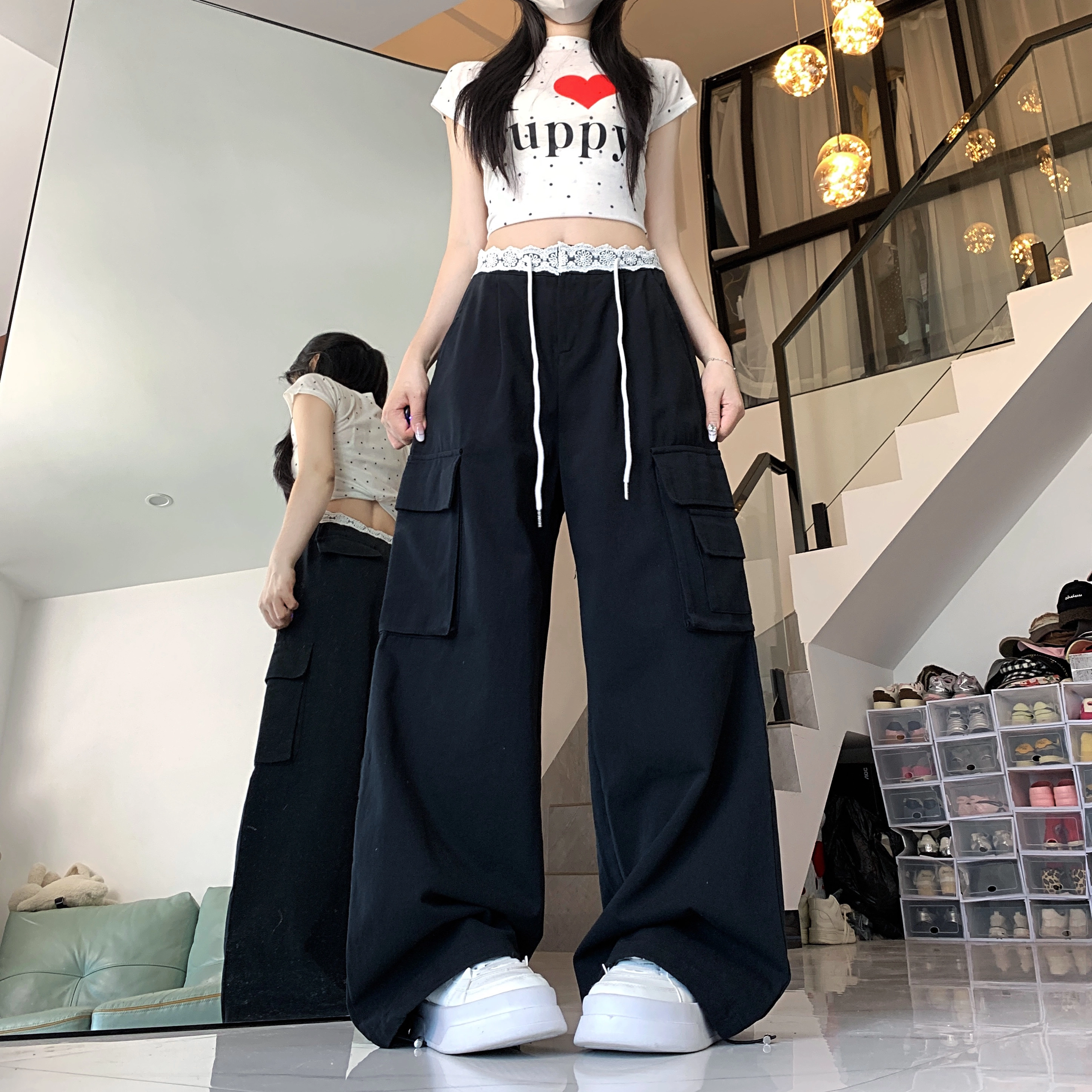 水中花 法式时尚高腰显瘦蕾丝拼接宽松阔腿口袋设计休闲裤 女款
