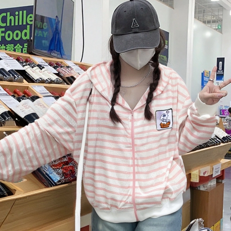 水中花 甜美条纹宽松防晒罩衫短款微透开衫长袖上衣外套卫衣 男女同款