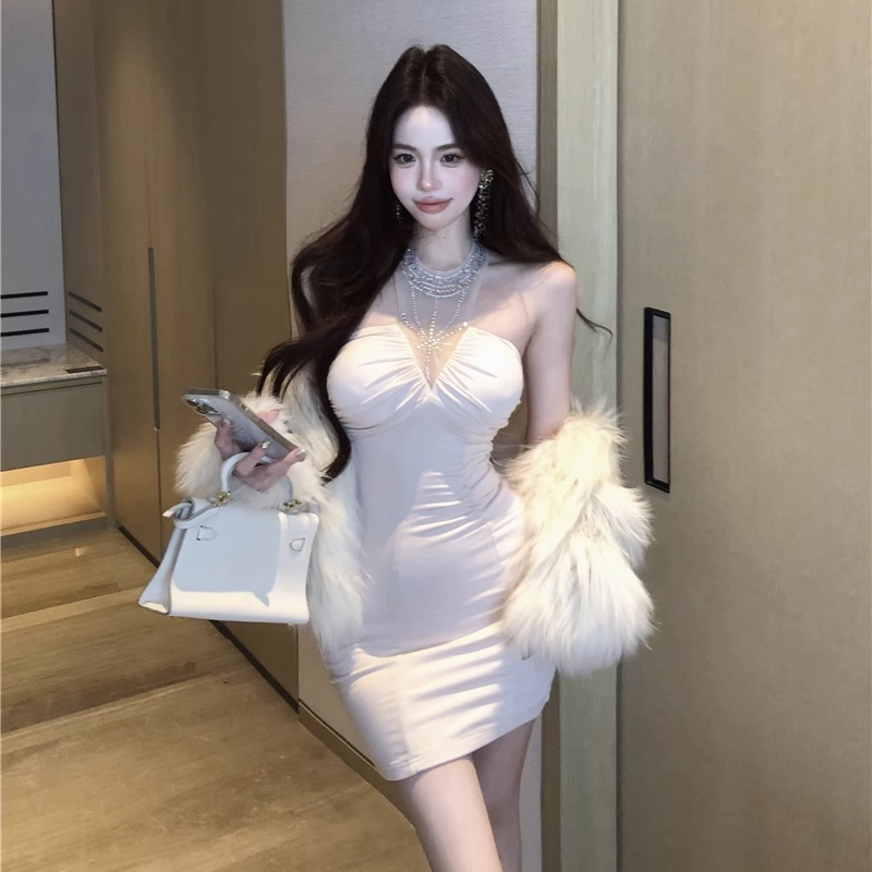 水中花 法式千金名媛风性感烫钻短裙优雅气质收腰包臀无袖连衣裙 女款