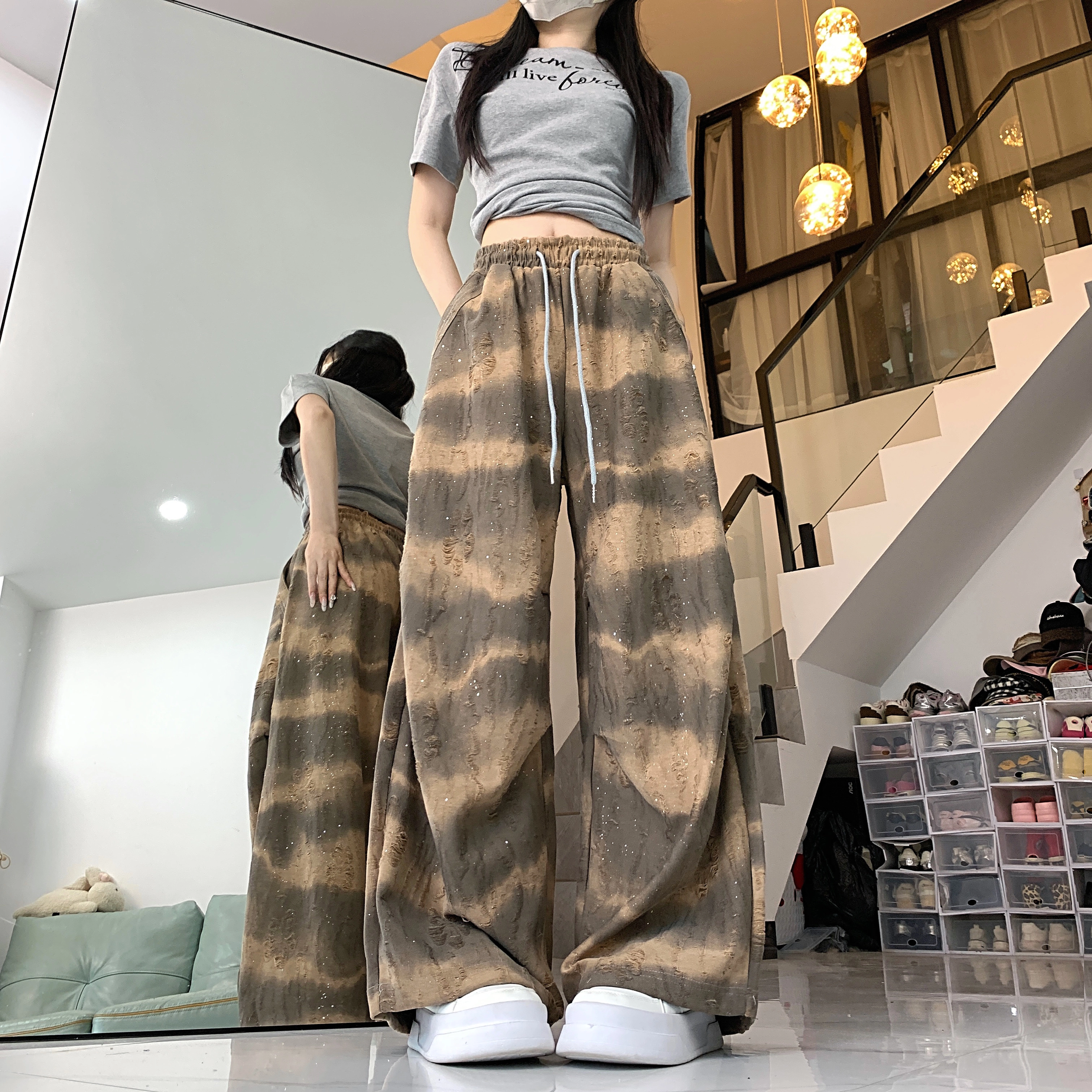 水中花 渐变扎染宽松阔腿松紧腰透气舒适口袋设计感休闲裤 女款