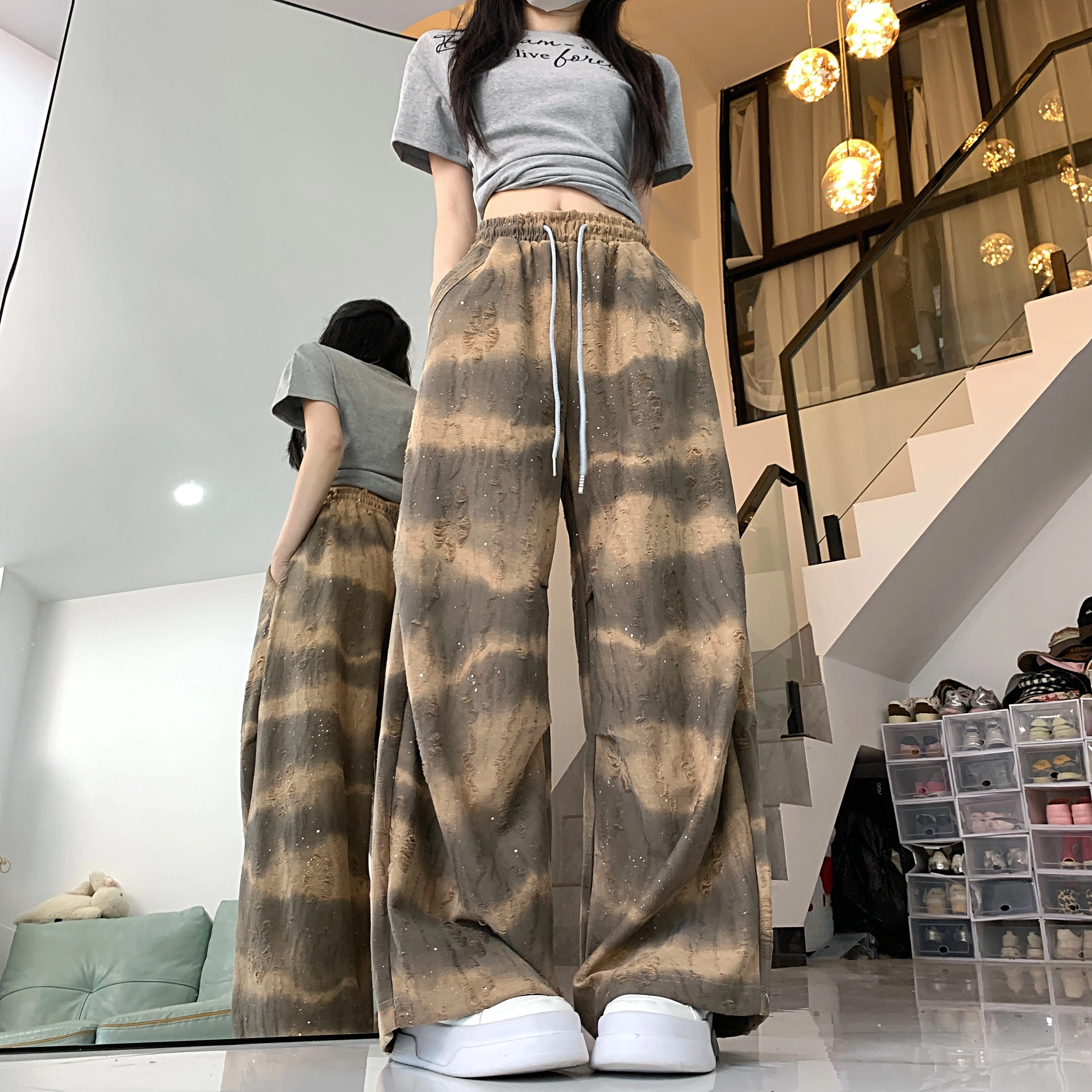 水中花 渐变扎染宽松阔腿松紧腰透气舒适口袋设计感休闲裤 女款