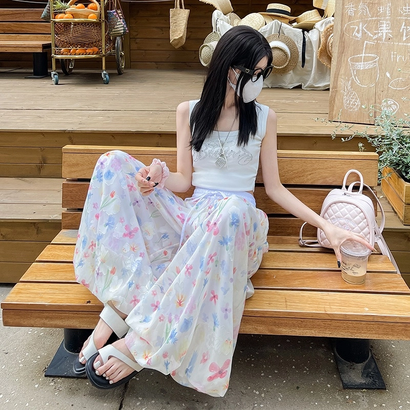 水中花 法式温柔风优雅花苞设计宽松碎花图案高腰显瘦休闲裤 女款