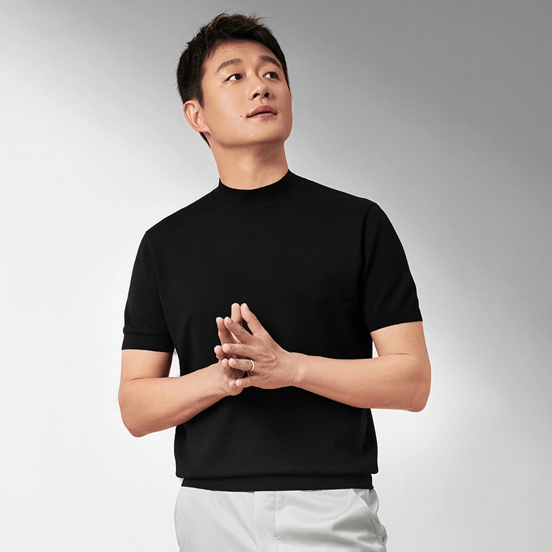 布先生 美丽诺羊毛可机洗保暖纯色打底短袖半高领毛衣 男款