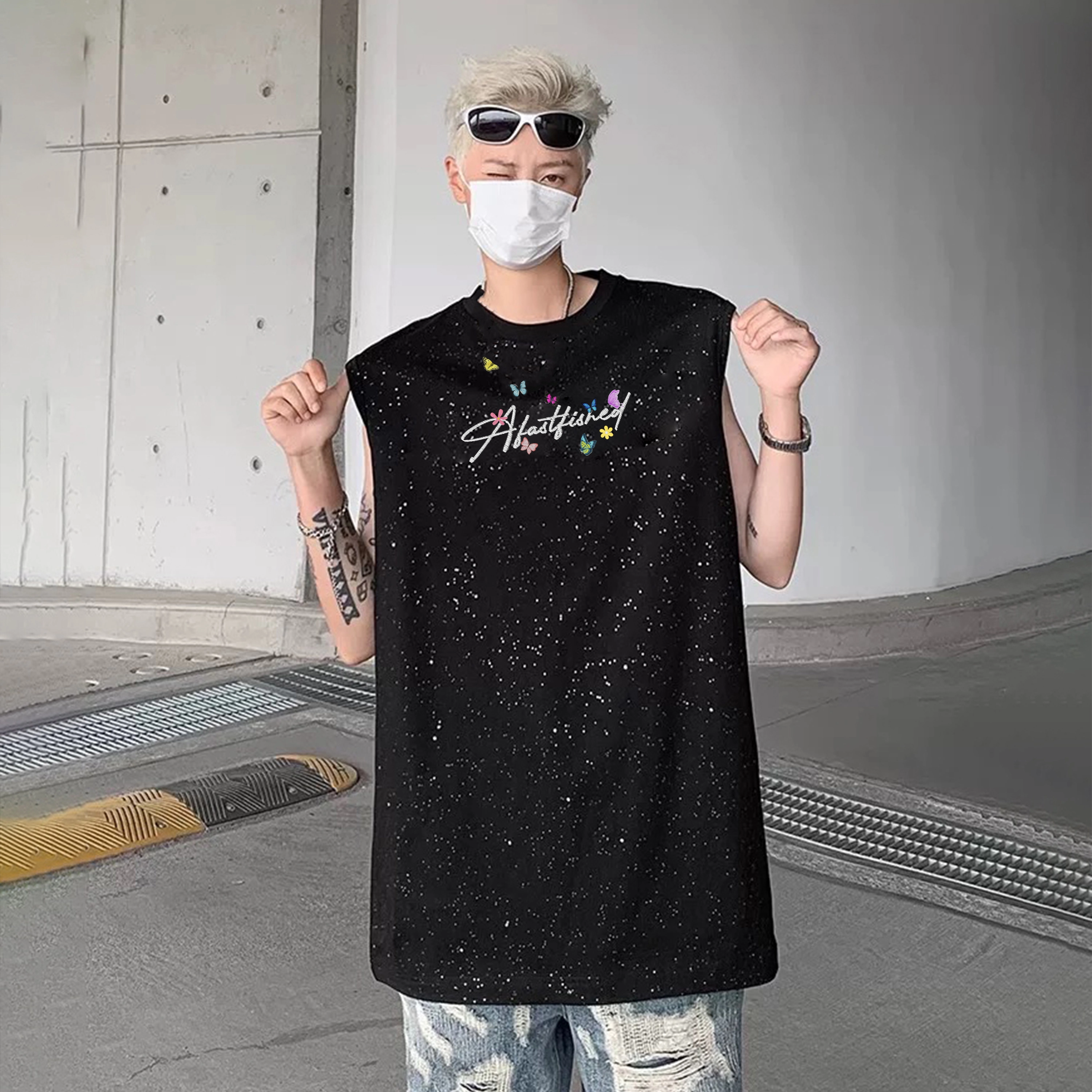快鱼 美式复古满天星蝴蝶字母印花无性别主义休闲透气百搭宽松无袖圆领套头背心 男女同款